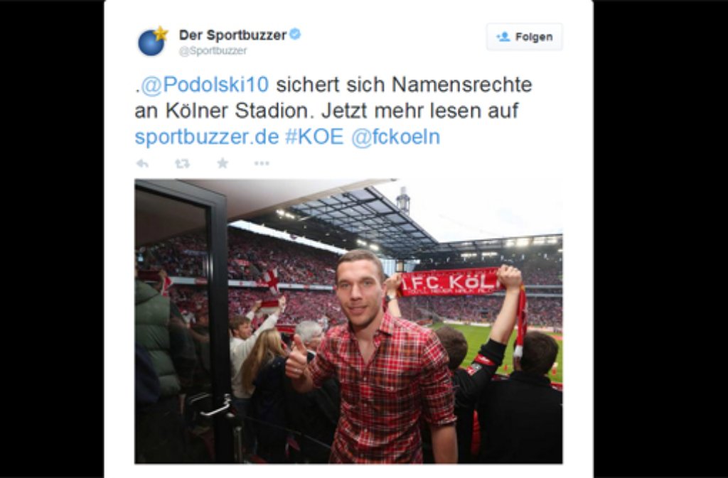 Lukas Podolski steigt beim 1. FC Köln ein: Aprilscherz von SportbuzzerDie Idee: Lukas Podolski und der 1. FC Köln - das ist eine Liebe, die nie enden wird. Das machte sich nun auch die Seite www.sportbuzzer.de zu eigen und postet ein Foto von Podolski und schreibt dazu bei Twitter: "Podolski sichert sich Namensrechte am Kölner Stadion."Wir finden: Ein guter Witz, aber es wird schnell klar, dass Podolski nicht mal kurz ein paar Millionen investiert, um das Rhein-Energie-Unternehmen aus den Namensrechten zu drängen.