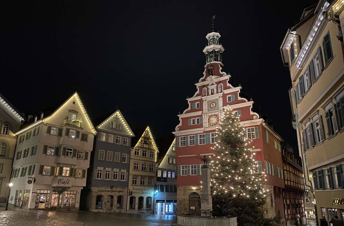 Der diesjährige Weihnachtsbaum am Esslinger Rathaus hat stattliche Dimensionen.