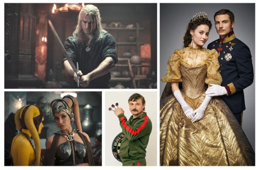 Wie wäre es zum Beispiel mit  der Fortsetzung von „The Witcher“, mit „Sisi“, „Die Wespe“ oder „Das Buch des Boba Fett“ (von links oben im Uhrzeigersinn)? Viele Eindrücke aus den interessantesten Serien des Monats bietet unsere Bildergalerie. Foto: Netflix, RTL+, Sky, Disney+