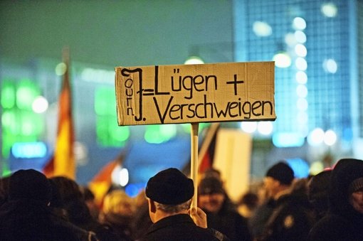 Auf einer Pegida-Demo in Berlin wird auf einem Plakat gegen Journalisten  gehetzt –  längst kommt es auch zu Handgreiflichkeiten und Schlägen gegen Filmteams oder Reporter. Foto: dpa