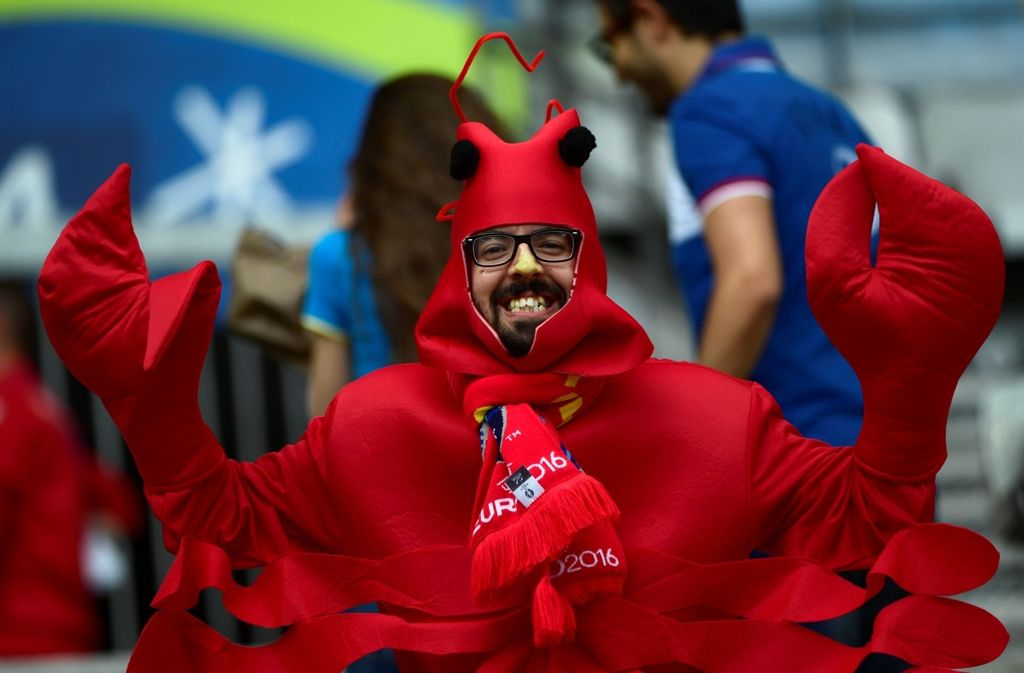 Ein spanischer Fan wagt sich als Hummer verkleidet ins Stadion.