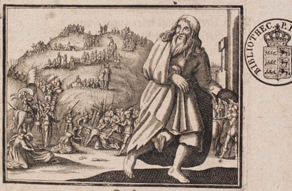 Der Kupferstich zeigt, wie Ahasver Jerusalem verlässt. Foto: Landesbibliothek Württemberg
