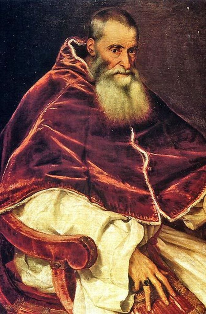 Papst Paul III. wurde 1468 als Alessandro Farnese geboren und war von 1534 bois 1549 Papst. Alexander VI., der ein Verhältnis mit Alessandro Farneses Schwester Giulia hatte, ernannte ihn auf ihre Fürsprache hin 1493 zum Kardinaldiakon. Der Nepotismus steckte Paul III. sozusagen im Blut.