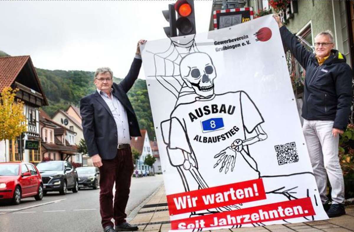 Der Gruibinger Bürgermeister Roland Schweikert (rechts) und der Gewerbevereinschef Thomas Straub präsentieren ein Protestplakat.