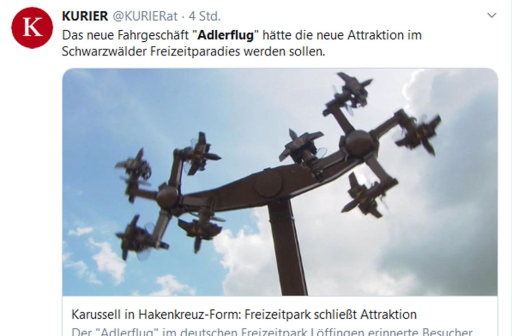 Der Kurier aus Österreich hat das Karussell in Hakenkreuz-Form ebenfalls thematisiert. Foto: Screenshot Twitter/Kurier.at