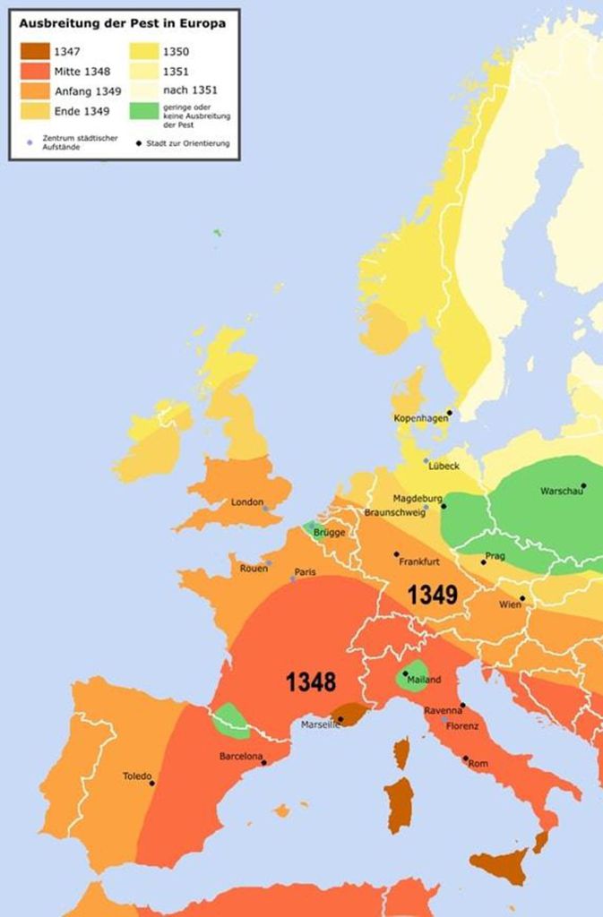 Ausbreitung der Pest in Europa zwischen 1347 und 1351