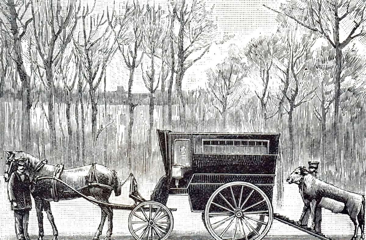 Der Stich aus dem 19. Jahrhundert zeigt eine Kutsche, mit der ein mit Kuhpocken befallenes Tier durch Paris gefahren wurde, um die Menschen zu impfen.