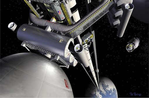 Künstlerische Darstellung eines Weltraumliftes der US-Weltraumbehörde Nasa. Foto: Nasa/Pat Rawlings