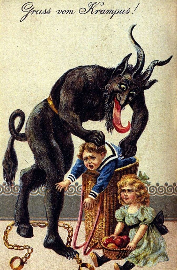 Weihnachtliche Schreckgestalt: Der Krampus begleitet den heiligen Nikolaus auf seiner Geschenketour. Unartige Kinder steckt er in den Korb (Postkarte um 1900).