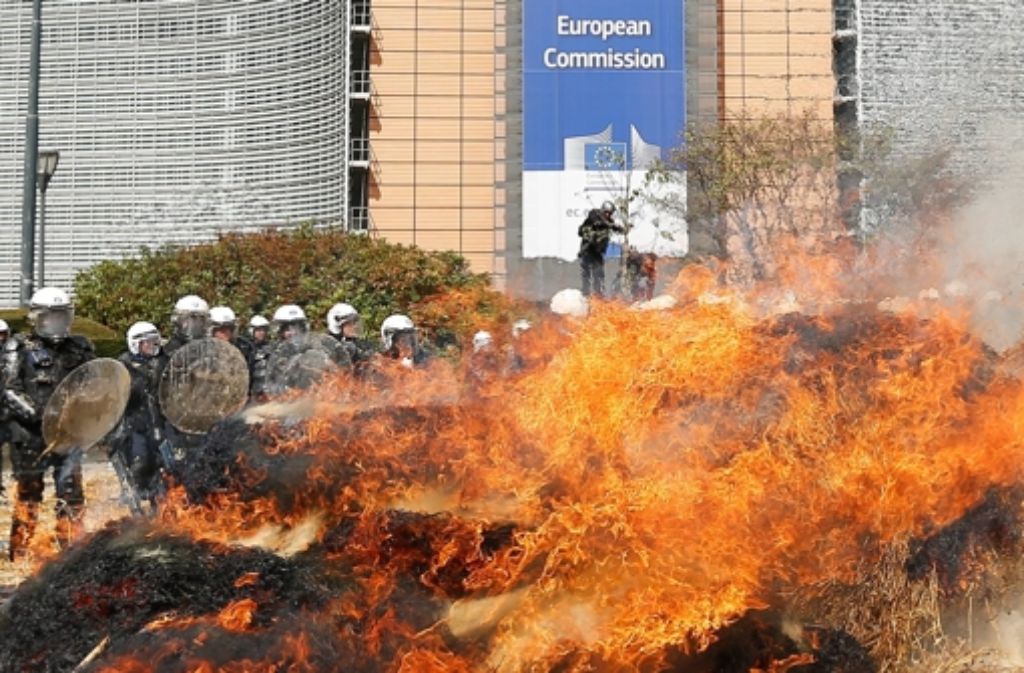Hitziger Protest: Bauern, die gegen die europäische Agrarpolitik und niedrige Milchpreise demonstrierten, setzten am Montag in Brüssel Heuballen in Brand. Foto: EPA