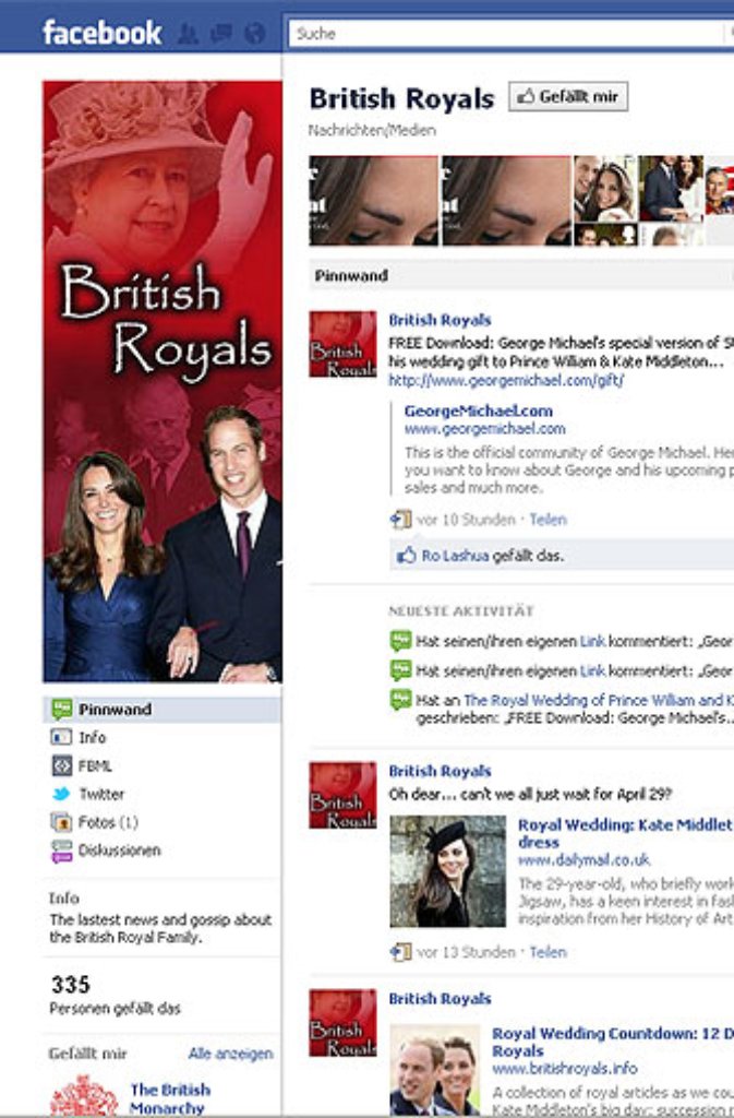 ... Fanseite der "British Royals" haben bislang erst 335 User für sich entdeckt. Deutlich besser kommt ...