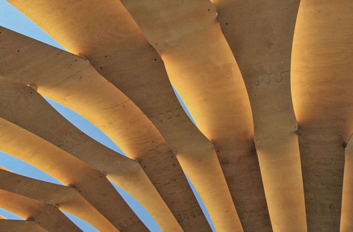 Charakteristisch für den eleganten Pavillon war seine filigrane Struktur aus gebogenen Sperrholzlamellen, die mittels computerbasierter Entwurfs-, Simulations- und Produktionsprozesse die Konstruktionsmöglichkeiten des Baustoffs Holz ausreizte.