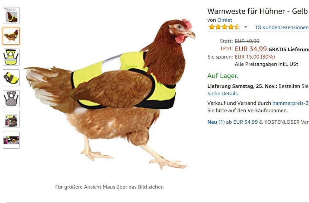 Artikel wie diese Warnweste für Hühner beflügeln die Fantasie einiger Amazon-Nutzer. In der Bilderstrecke haben wir zehn Beispiele für lustige Bewertungen herausgepickt.