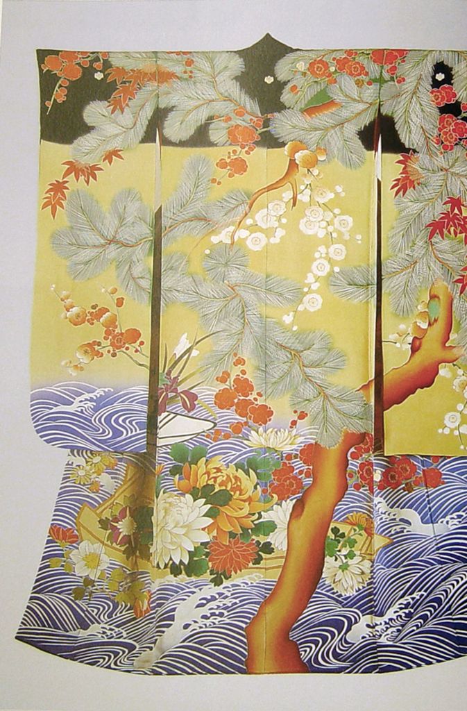 Sehr viel jünger ist diese Kimono-Variante, genannt furisode, ebenfalls für eine junge Frau, wahrscheinlich aus Kyoto, um 1905 bis 1920.
