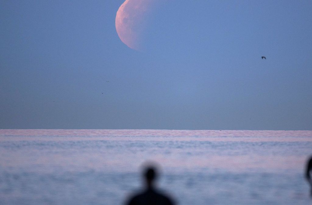 Über dem Strand von La Jolla Shores bei San Diego (Kalifornien) war die Mondfinsternis über dem Meer zu erkennen.