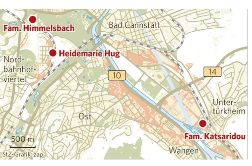 Hier wohnen die Betroffenen: Familie Himmelsbach und Heidemarie Hug wohnen im Nordbahnhofviertel, Familie Katsaridou in Untertürkheim.