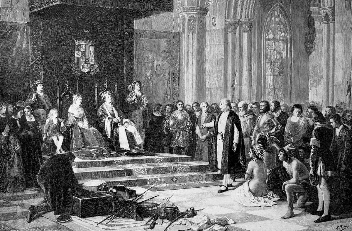 Kolumbus wird nach seiner Rückkehr 1493 am spanischen Hof empfangen.