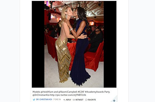Diese beiden Models mögen sich offensichtlich: Auf einer Party der Elton John Foundation in der Oscar-Nacht küssen sich Heidi Klum (links) und Naomi Campbell. Auf Twitter wurde dieses Bild von DrChristianKoi gepostet. Die ... Foto: Twitter (@DrChristianKoi)