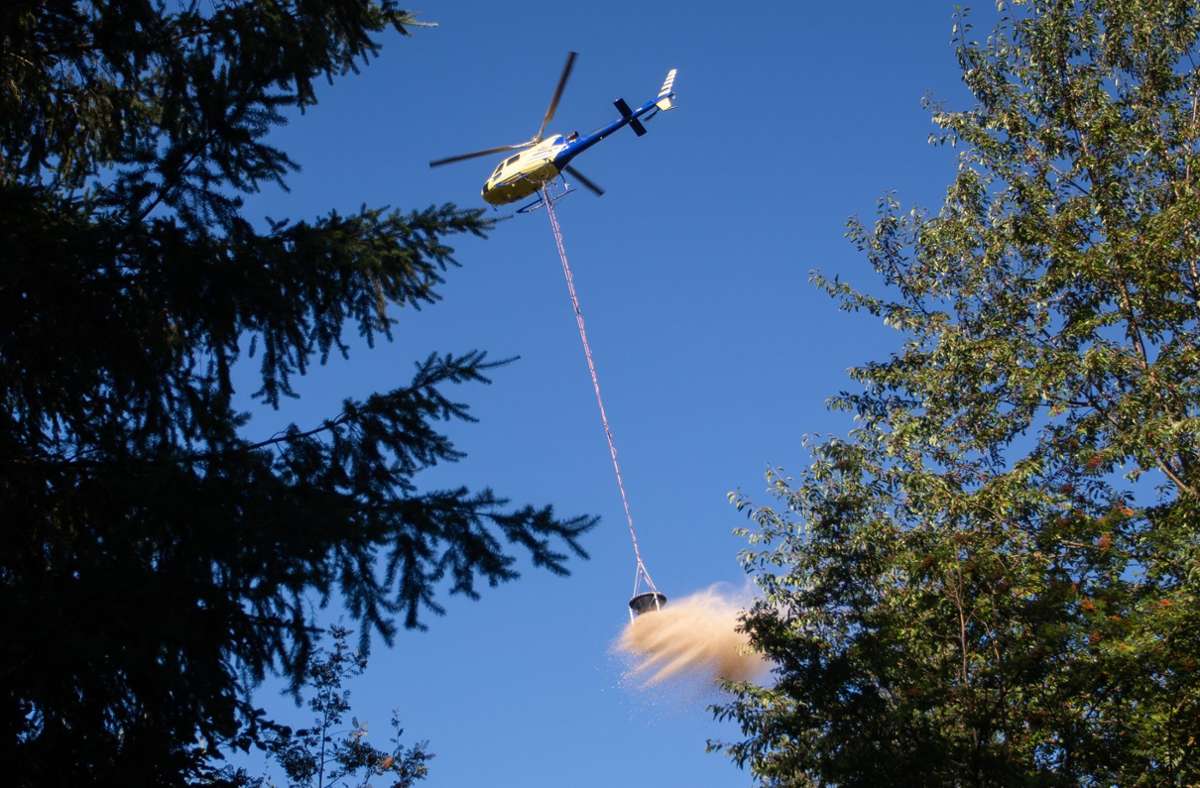 Die Waldkalkung auf dem Schurwald läuft. An einem 20 Meter langen Seil schleppt ein Helikopter einen Kübel mit Dolomitkalk.