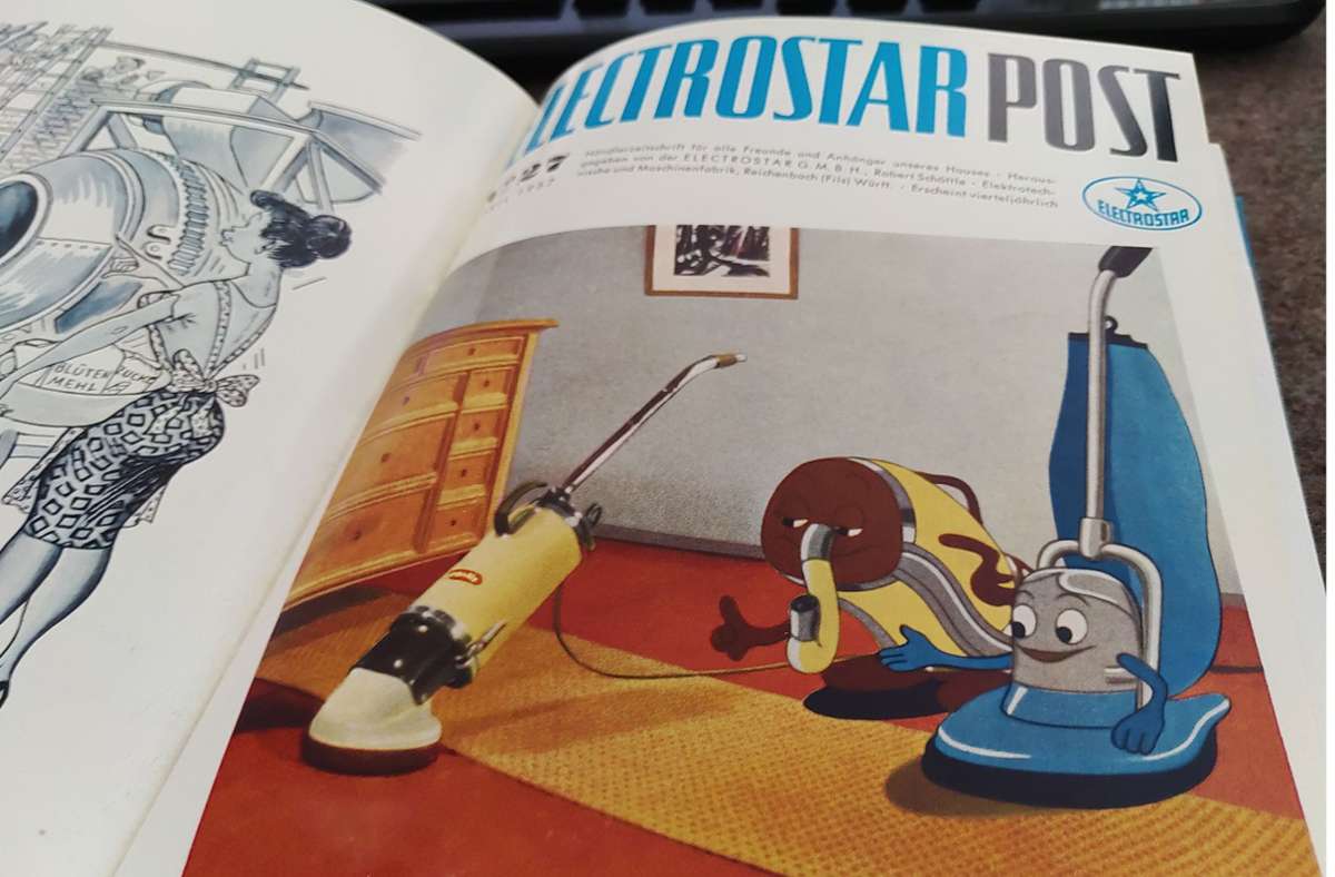 Bei der Bewerbung der Produkte setzte Electrostar auf viel Humor: Auf dem Foto zu sehen ist eine Anzeige für das Produkt „Starboy“ Ende der 1950er. Das „Kind“ von Staubsauger und Saugbohner vereinte die guten Eigenschaften beider Elternteile.