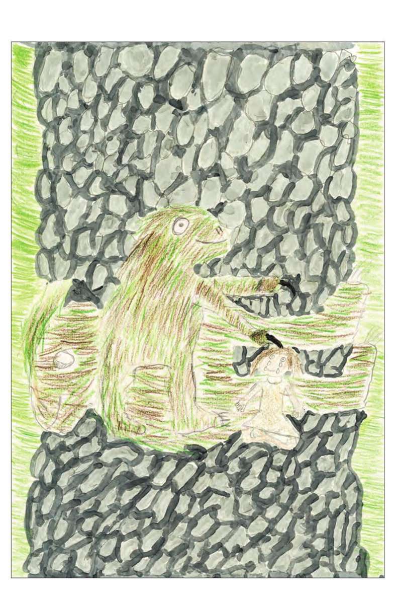 Ickaboggel heißt das Kind des Ickabogs. Es tröstet Lilli. Rubi Betz, 8 Jahre, aus Stuttgart hat die Szene gemalt.