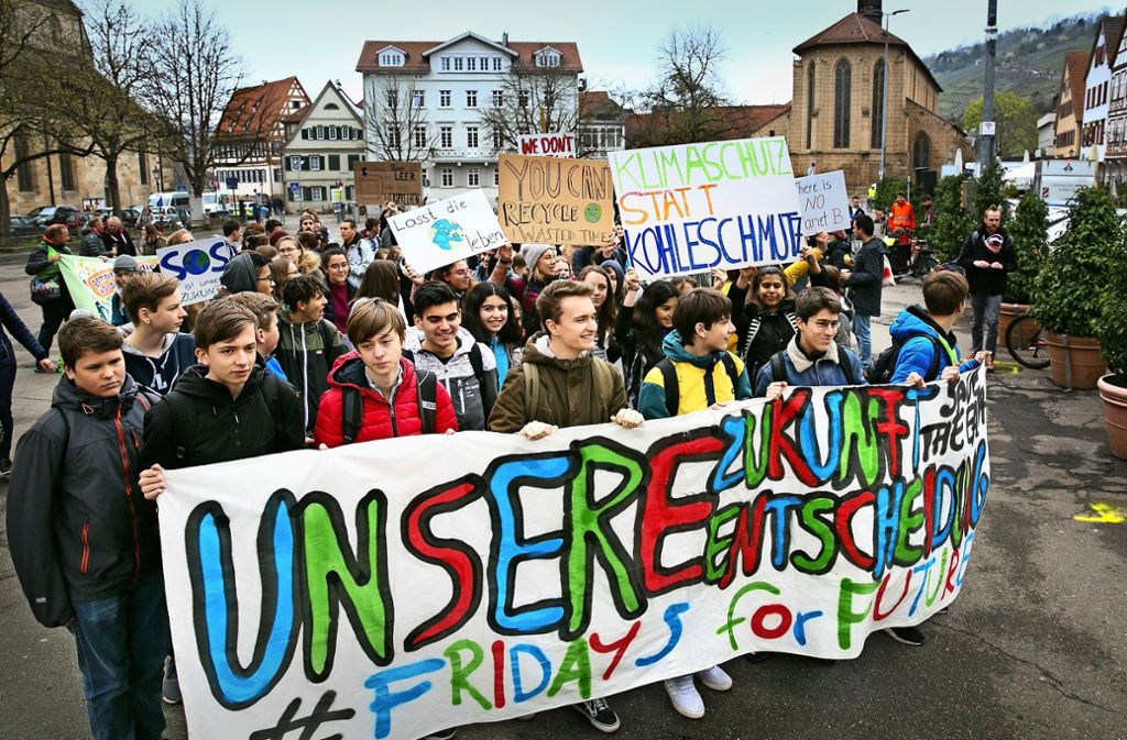 Schüler zeigen auf dem Esslinger Marktplatz Flagge. Foto: Ines Rudel