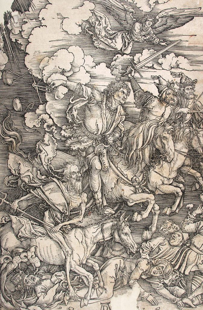 Auch das Auftauchen der vier berüchtigten apokalyptischen Reiter (Holzschnitt von Albrecht Dürer, 1497/98), die in der Geheimen Offenbarung des Johannes, dem letzten Buch der Bibel, angekündigt werden, ist denkbar unwahrscheinlich und gehört in den Bereich religiöser Legendenbildung.