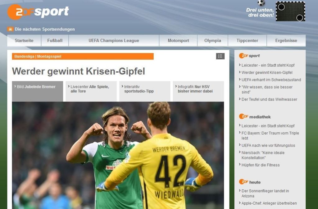 Auch das Team von „ZDFsport“ honoriert die starke Leistung der Bremer Spieler. Der Trend spreche zudem gegen den VfB, dessen „Mannschaft auch im siebten Spiel in Serie ohne Sieg“ blieb.