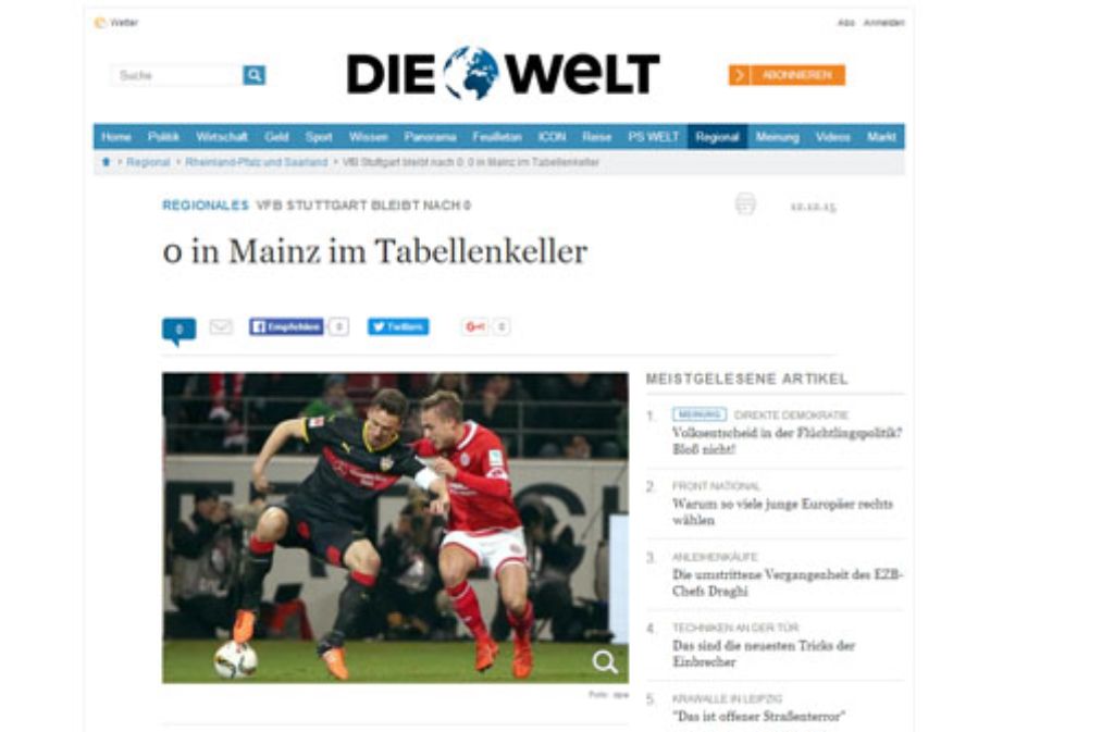 Die Welt bleibt nüchtern und sieht den VfB weiterhin im Tabellenkeller.