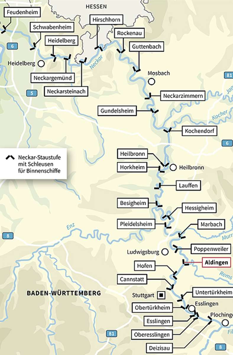 Am Neckar gibt es 27 Schleusen und Staustufen – von Deizisau (Kreis Esslingen) im Süden bis Feudenheim bei Mannheim im Norden, wo der Neckar dann in den Rhein fließt.