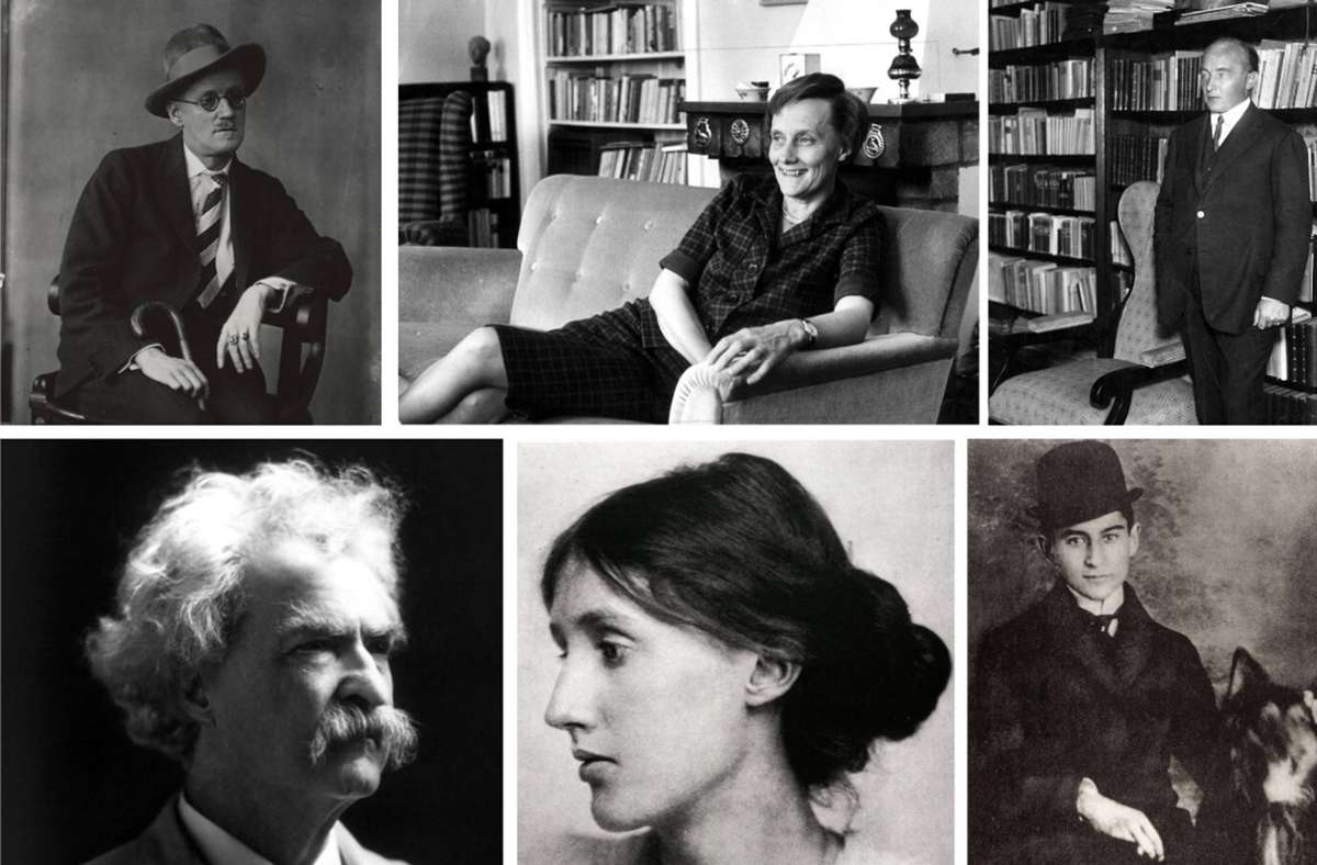 Hätten alle den Literatur-Nobelpreis verdient gehabt – gingen aber leer aus: James Joyce, Astrid Lindgren, Robert Musik, Franz Kafka, Virginia Woolf und Mark Twain (von links oben im Uhrzeigersinn).