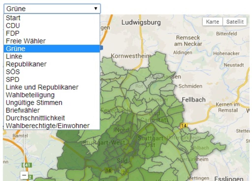 Der Wahlatlas Stuttgart zeigt unter anderem, welche Stimmanteile die Parteien bei der Kommunmalwahl 2009 in Ihrem Stadtteil geholt haben. Während die Grüne vor allem in der Innenstadt ihre Hochburgen haben, ...