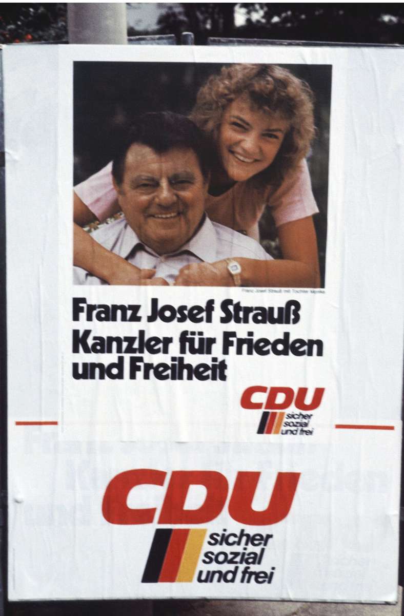 Strauß mit seiner Tochter Monika auf einem Wahlplakat.