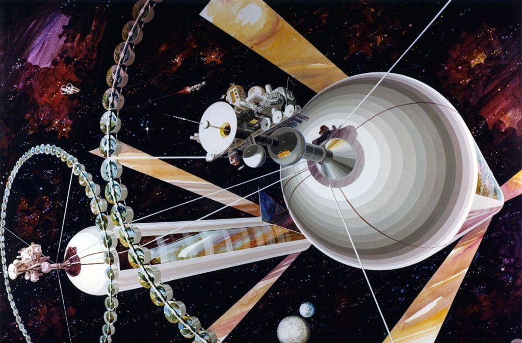 Illustration zweier O’Neill-Zylinder. Diese Vision von Weltraumkolonien in Form von Hohlkugeln hat der Physiker Gerard K. O’Neill (1927-1992) entworfen.