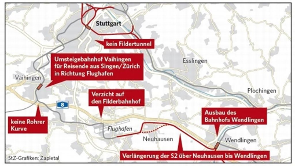 Variante 6 S-Bahn-Ringschluss: Bei dieser von der Schutzgemeinschaft Filder eingebrachten Variante ist ein S-Bahn-Ringsystem zwischen dem Stuttgarter Hauptbahnhof, Vaihingen, dem Flughafen, Wendlingen, Plochingen und Bad Cannstatt vorgesehen. Dazu müsste die S-Bahn mit einer neuen Strecke von Filderstadt-Bernhausen über Neuhausen bis ins Neckartal verlängert werden. Bei Wendlingen würden die Züge den Bahnhof über eine neue Verbindungskurve erreichen. Die Gäubahn könnte bei dieser Variante, wie im Schlichterspruch vorgesehen, in Stuttgart erhalten bleiben. Der Fildertunnel, der anschließende Neubaustreckenabschnitt bis Denkendorf, die Rohrer Kurve, der Flughafenbahnhof und der Tunnel am Flughafen würden entfallen. Der Bahnhof Vaihingen müsste mit einem zusätzlichen Bahnsteig zum Regional- und Fernbahnhof ausgebaut werden.