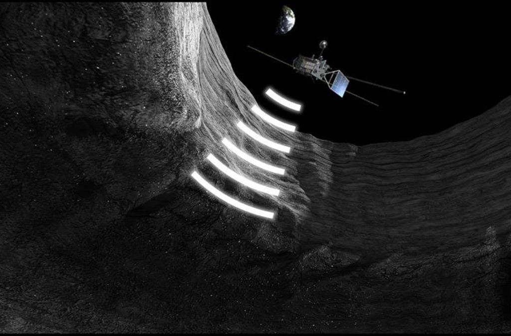 Die Computersimulation  zeigt die japanische Raumsonde Kaguya bei der Entdeckung der Lavahöhle im Meer der Stürme auf dem Mond. Foto: JAXA