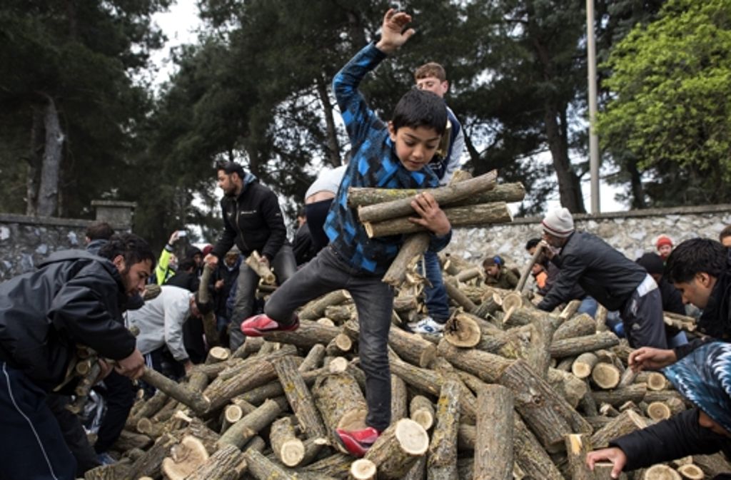 Flüchtlinge sammeln Brennholz, das von humanitären Organisationen in Idomeni angeliefert worden ist.