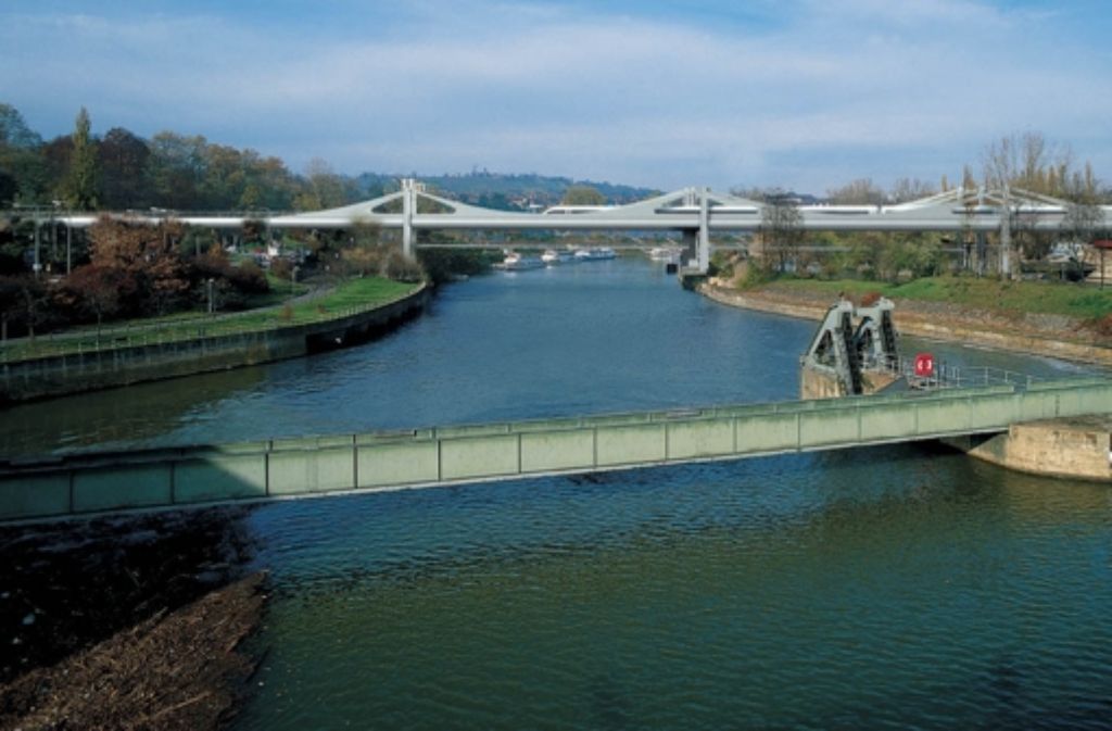 Die Visualisierung zeigt, wie die geplante Neckarbrücke bei Bad Cannstatt aussehen könnte. Wegen der Platzierung der Pfeiler sind sich Bahn und Stadt uneinig. Foto: StZ