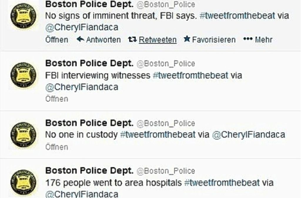 Die Polizei von Boston twittert ihre Informationen direkt ins Netz. Screenshot: StZ