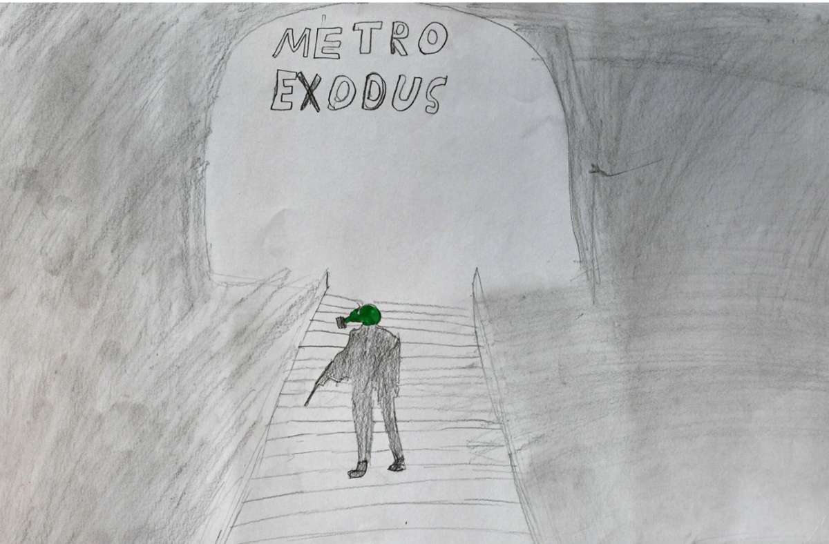 Der zehnjährige Lev aus Mariupol hat einen Kämpfer in der Metro gezeichnet. Foto: Lichtgut/Max Kovalenko