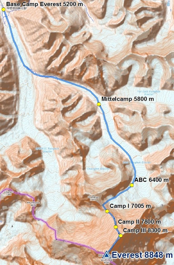 Von dort zum Camp I (7005 Meter) und Camp II (7800 Meter). Diese Zwischenlager befinden sich alle auf dem Nordgrat. Das letzte Camp vor dem Gipfel auf 8300 Meter liegt am Schnittpunkt von Nord- und Nordostgrat.