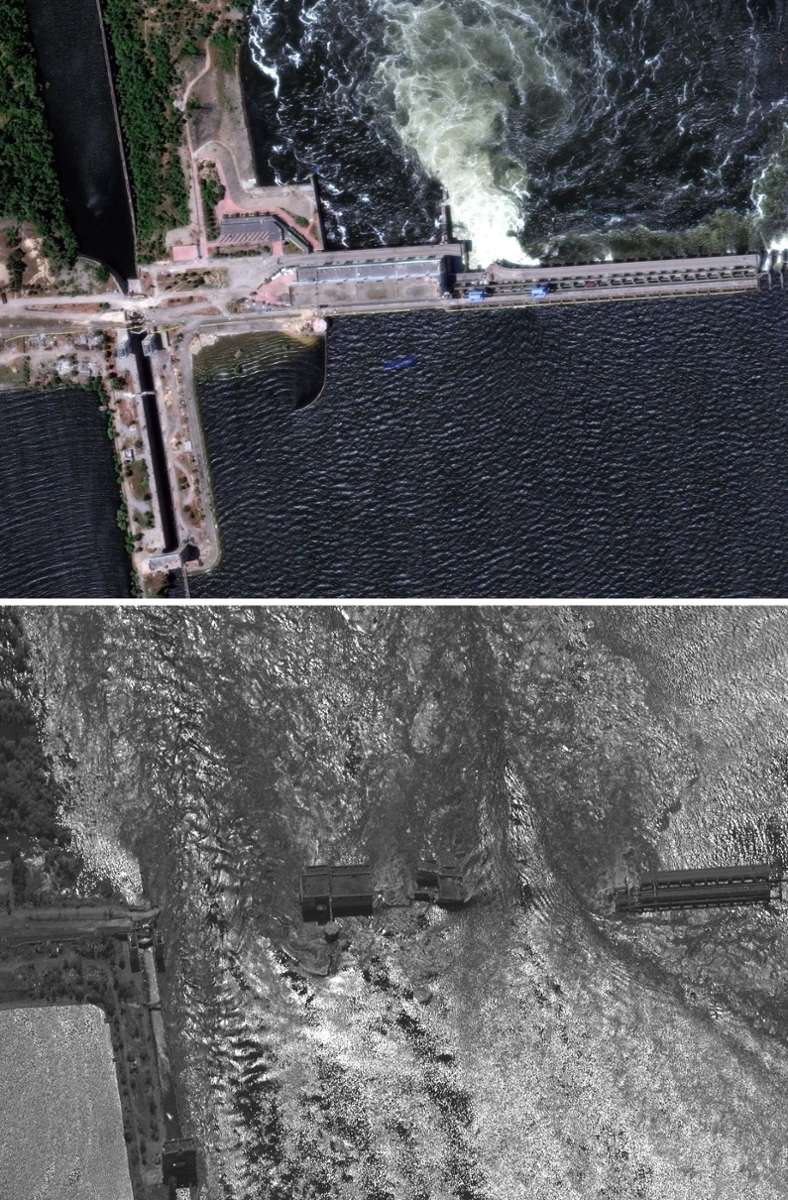 Dieses Kombinationsbild aus Fotos, die von Planet Labs PBC zur Verfügung gestellt wurden, zeigt Überschwemmungen in Kachowka in der Ukraine vor und nach der Zerstörung des Damms in Nowa Kachowka. Das untere Foto wurde am Montag, 5. Juni, vor dem Hochwasser aufgenommen, das obere Foto am Dienstag den 6. Juli 2023 nach der Zerstörung des Damms.