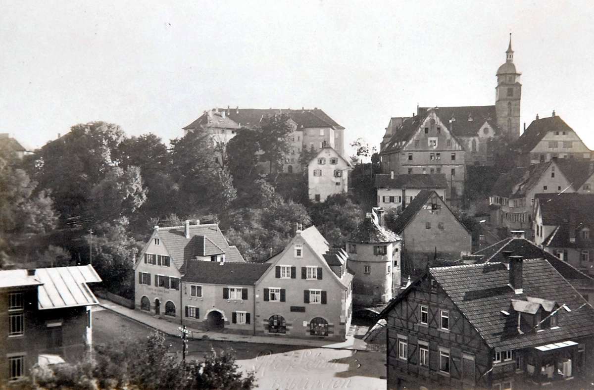 Historische Ansicht auf Schloss (links oben) und Stadtkirche.