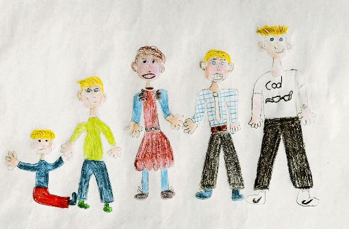 Ein Nachbarskind hat die Familie gemalt: Justin, Jerry, Mama Melanie, Papa Andreas und Sohn Felix. Foto: Lichtgut/Verena Ecker