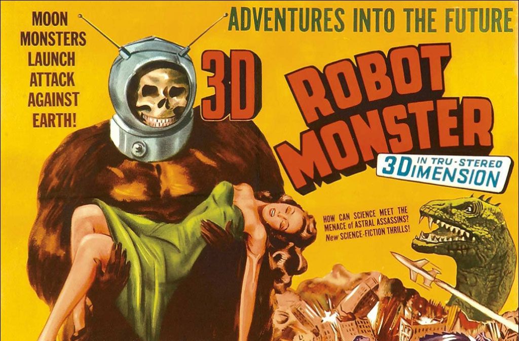 Platz 2: Im Reich absoluter Schmerzfreiheit der Produzenten sind wir schon lange angekommen. Aber „Robot Monster“, von Phil Tucker 1953 gedreht und inszeniert, spielt in einer eigenen Liga. Eigentlich wollte Tucker die Standard-Autokinoplotte Monster-jagt-Mädels mit Killerrobotern vom Mond – Tatsache, seine Fantasie reichte nicht mal bis zum Mars - drehen. Aber dann ...