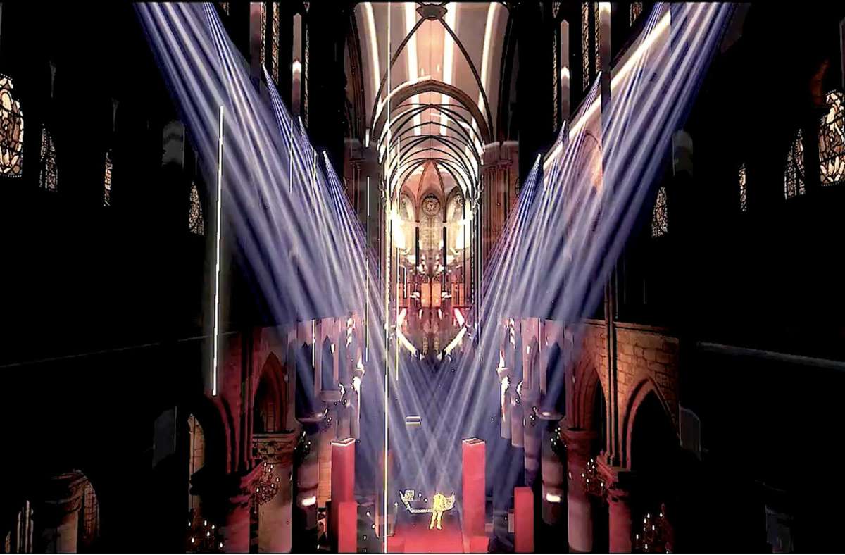 Dieses am Computer generierte Bild zeigt, wie sich  Jean-Michel Jarre seinen Auftritt am Silvesterabend  in der virtuellen Kulisse von Notre-Dame vorstellt. Foto: dpa/Sony