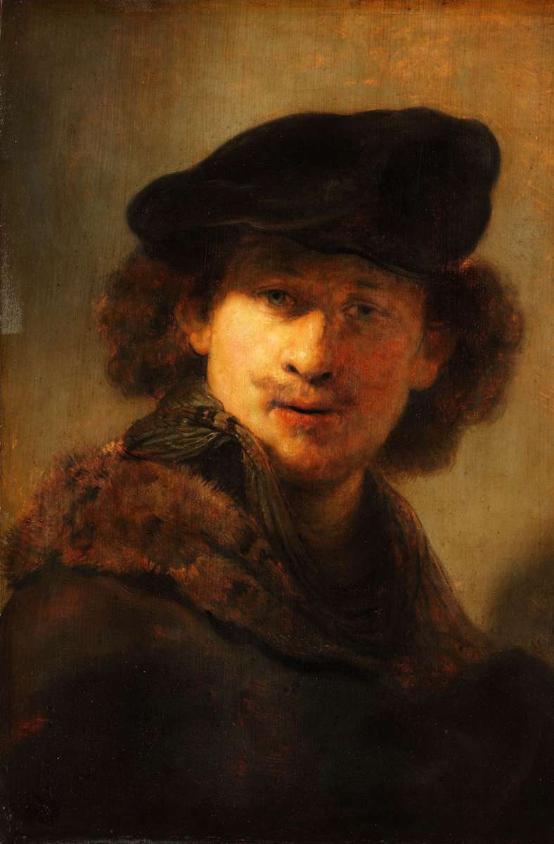 Es ist eines der berühmtesten Selbstporträts Rembrandts, das „Selbstbildnis mit Samtbarett und einem Mantel mit Pelzkragen“ aus dem Jahr 1634.