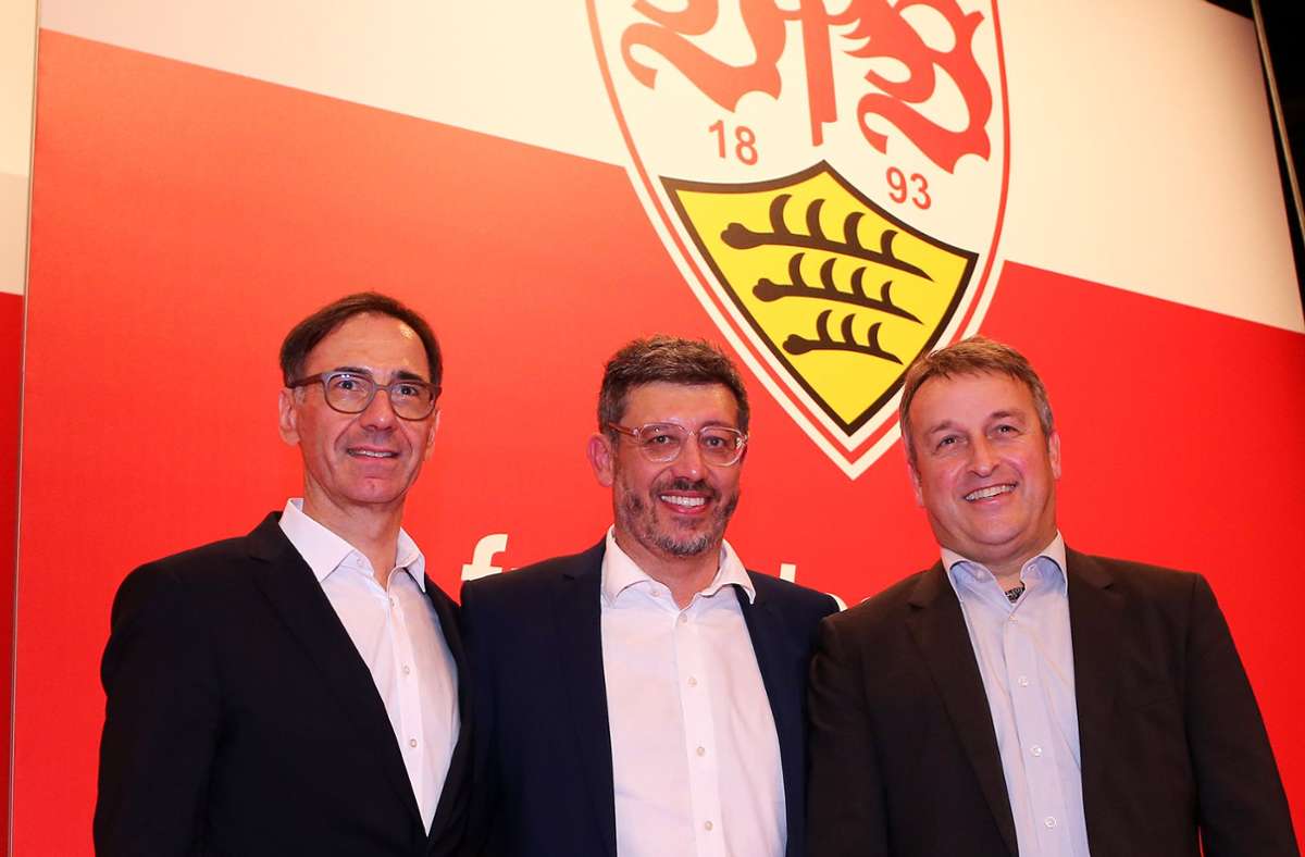 Das mittlerweile zerstrittene Präsidium des VfB Stuttgart: Bernd Gaiser, Claus Vogt, Rainer Mutschler (v. li.) Foto: Baumann
