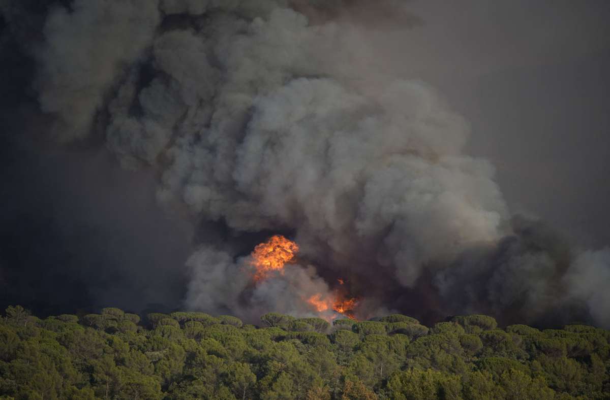 Flammen und Rauch steigen bei einem Waldbrand auf. Tausende Anwohner und Touristen haben sich vor weiter ausdehnenden Waldbränden in Südfrankreich in Sicherheit gebracht.