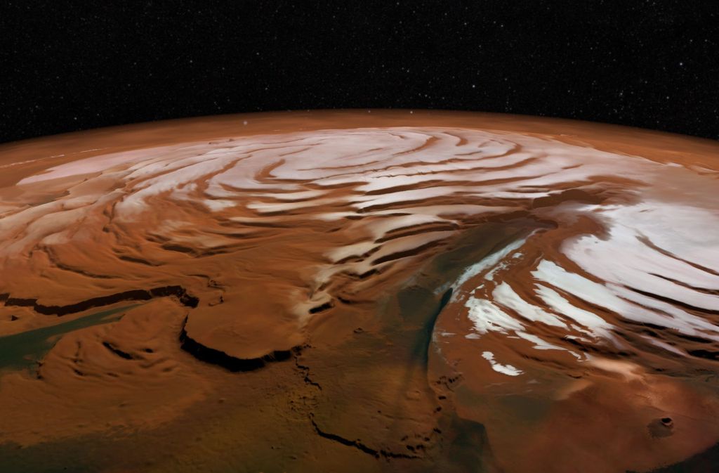 Dieses Bild vom Mars zeigt eine riesige, eisige Spirale am Nordpol des Planeten. Das Bild wurde aus Aufnahmen der Esa-Sonde Mars Express zusammengesetzt.